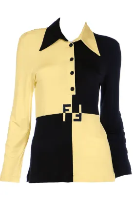 1990s Fendi Vintage Color Block Yellow & Black Long Sleeve Polo Top