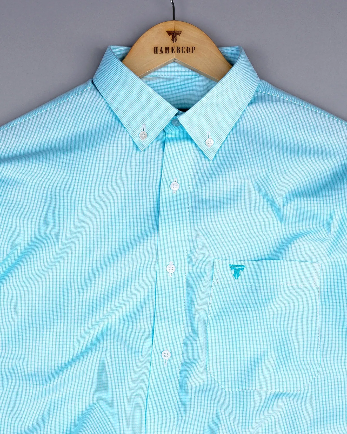 Aqua Blue Small Graph Check Formal Cotton Shirt