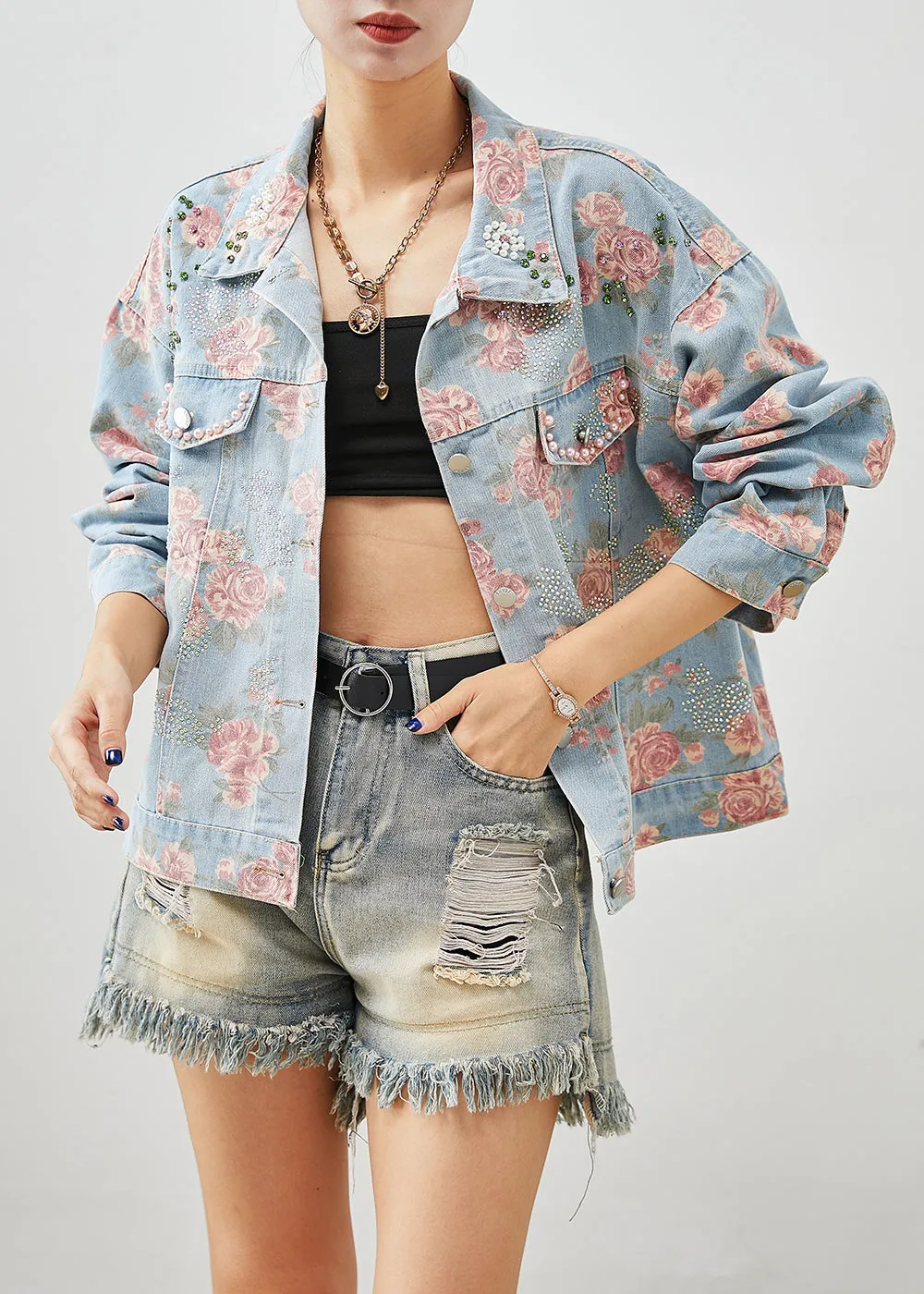 Boutique Blue Nail Bead Rose Print Denim Coats Fall ML1973