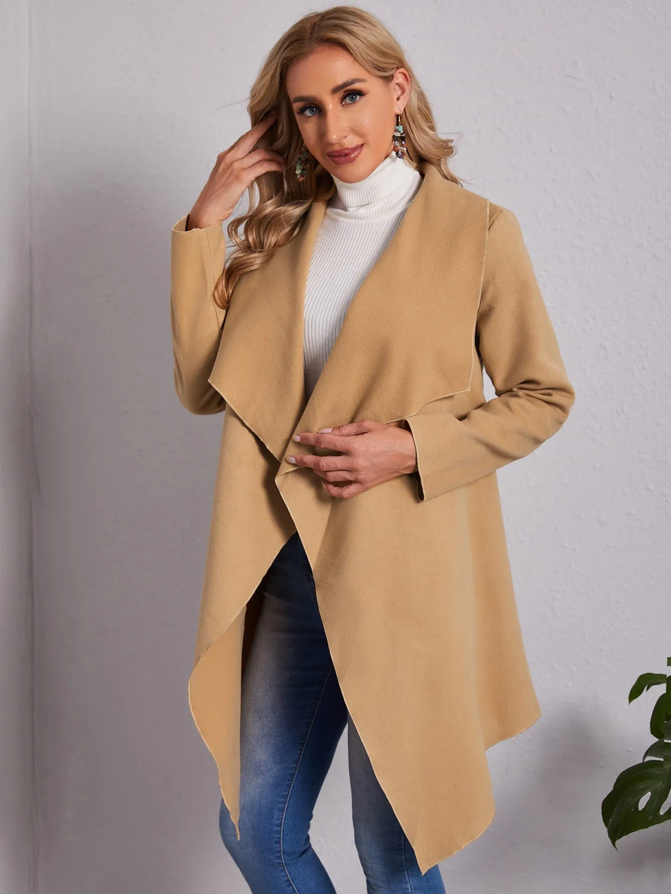 Casual Plain Belted Long Sleeve Waterfall Short Women Coat