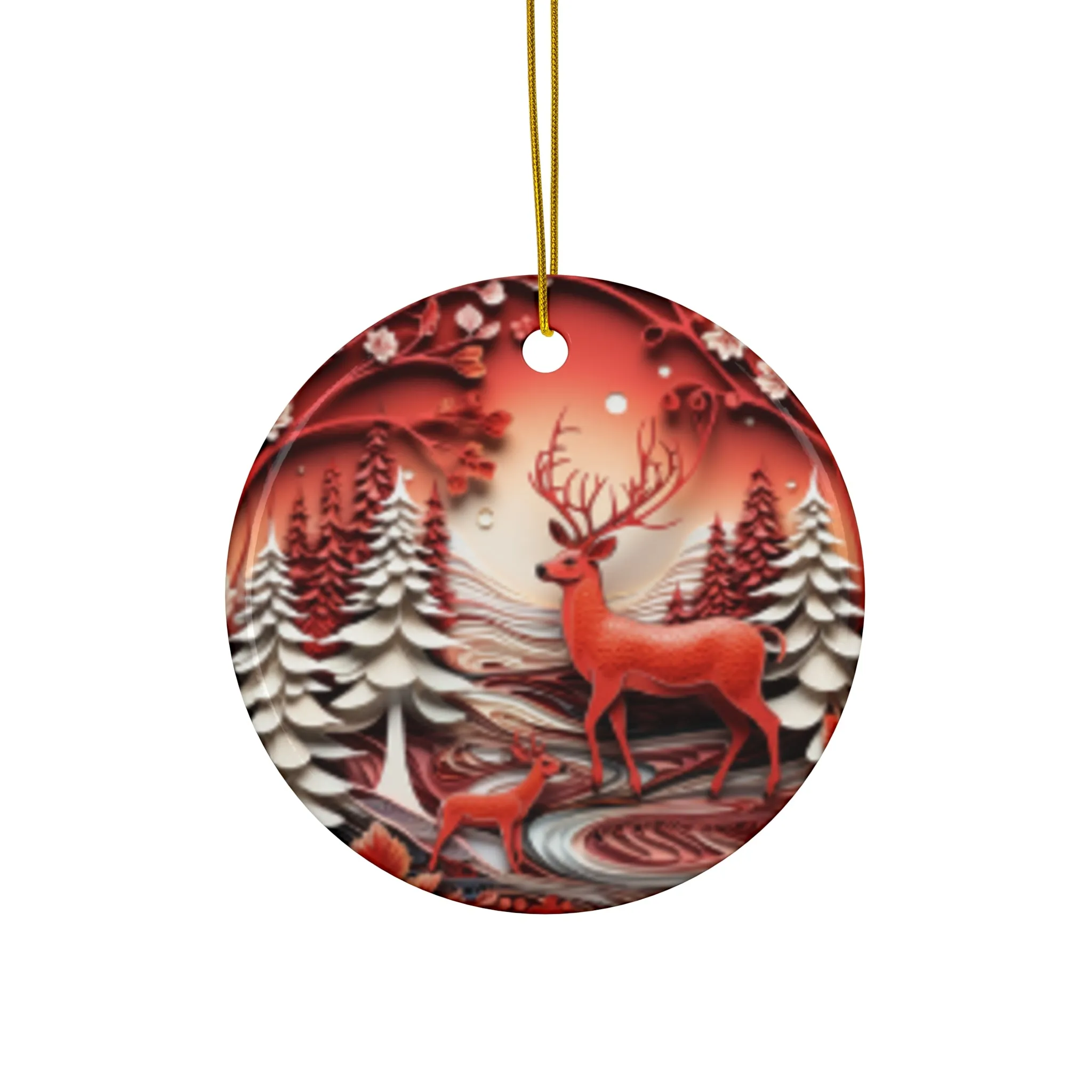 Christmas| Enchanting Deer & Winter Forest Ceramic Christmas Ornament  Durable Ceramic with Glossy Finish