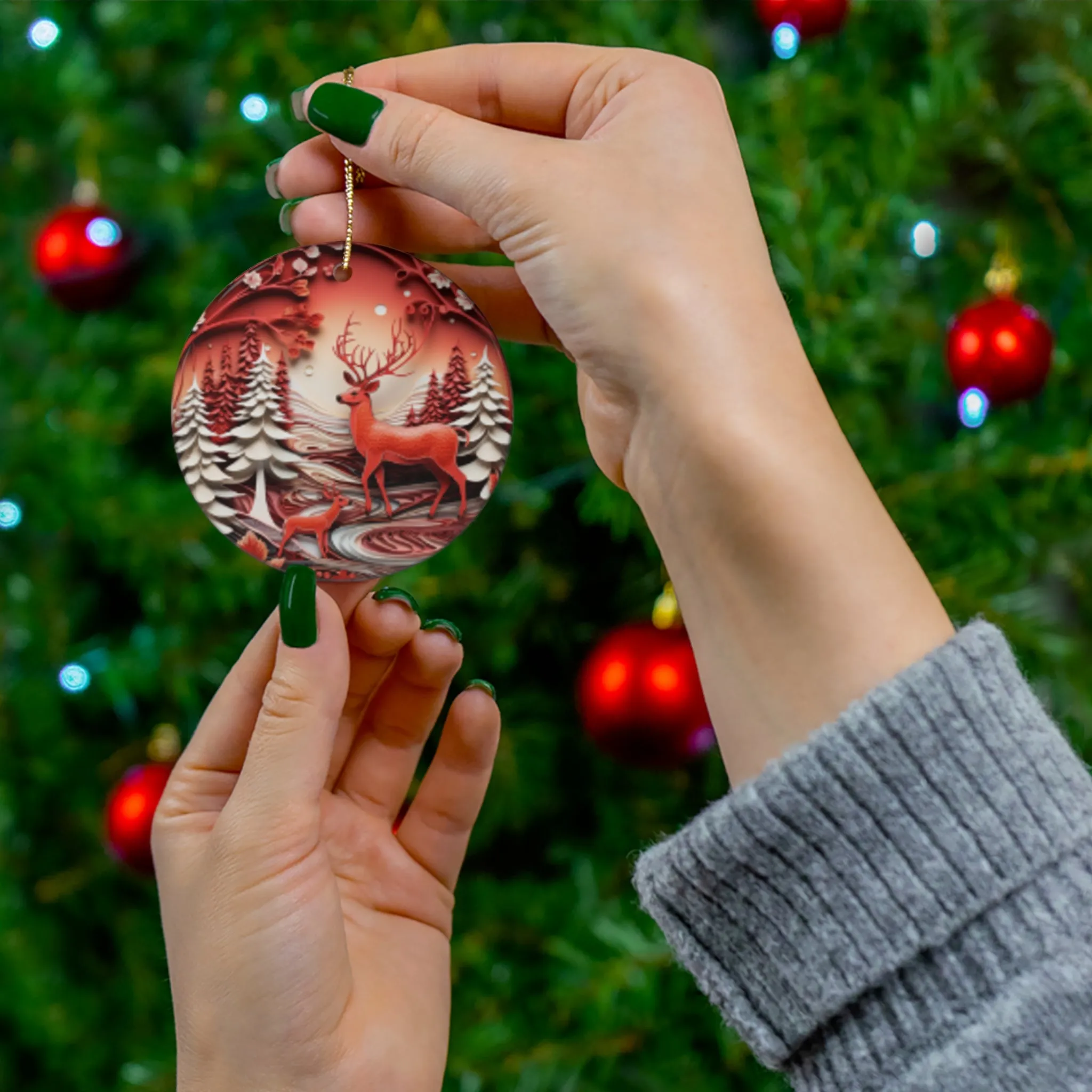 Christmas| Enchanting Deer & Winter Forest Ceramic Christmas Ornament  Durable Ceramic with Glossy Finish