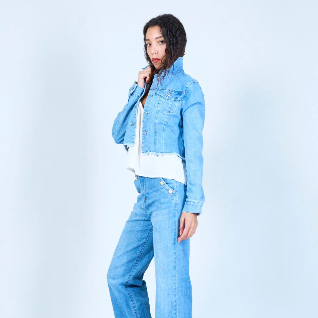 Cropped denim jacket with raw hem wholesale