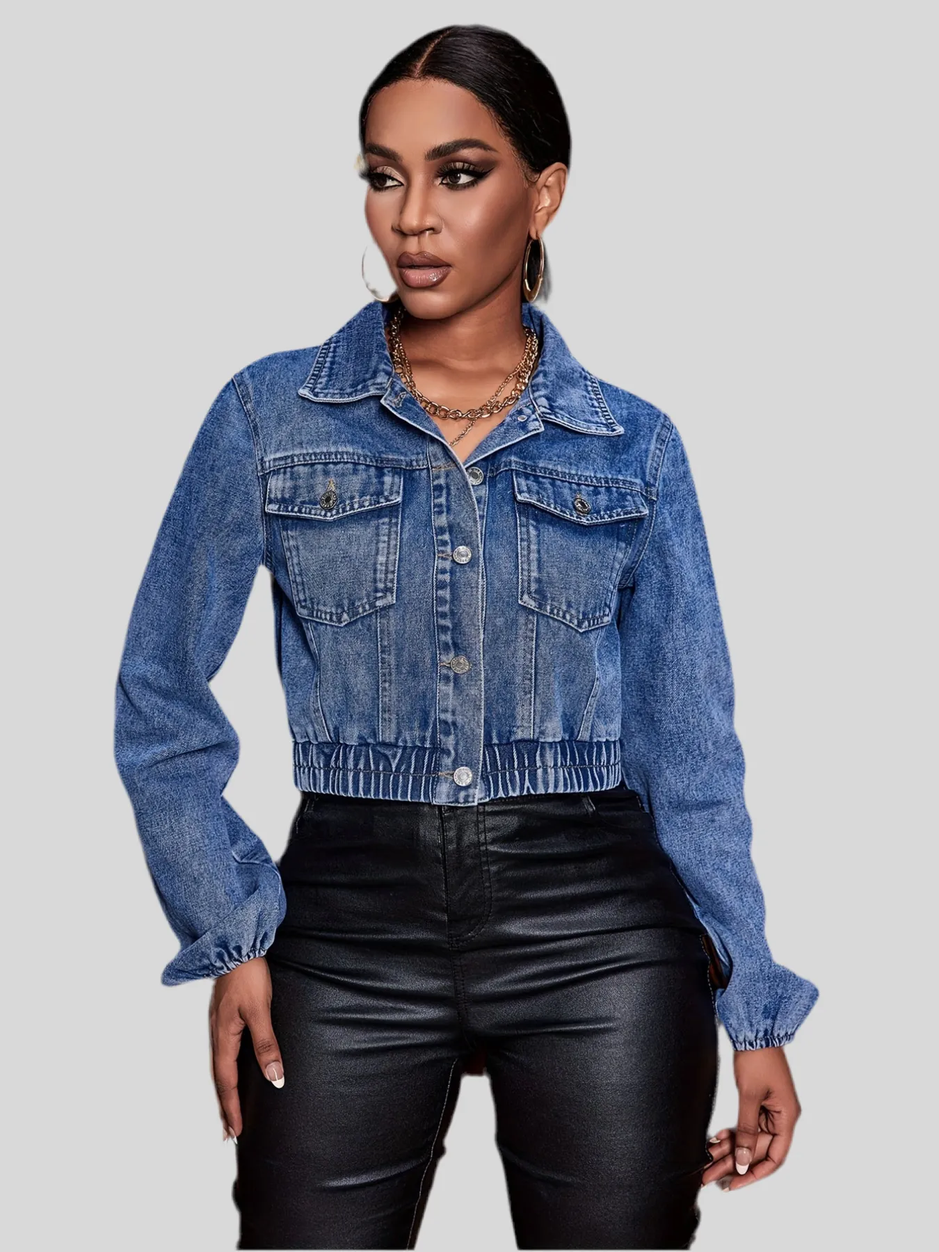 Denim  Long Sleeves Flap Pockets Lapel Crop Denim Coats