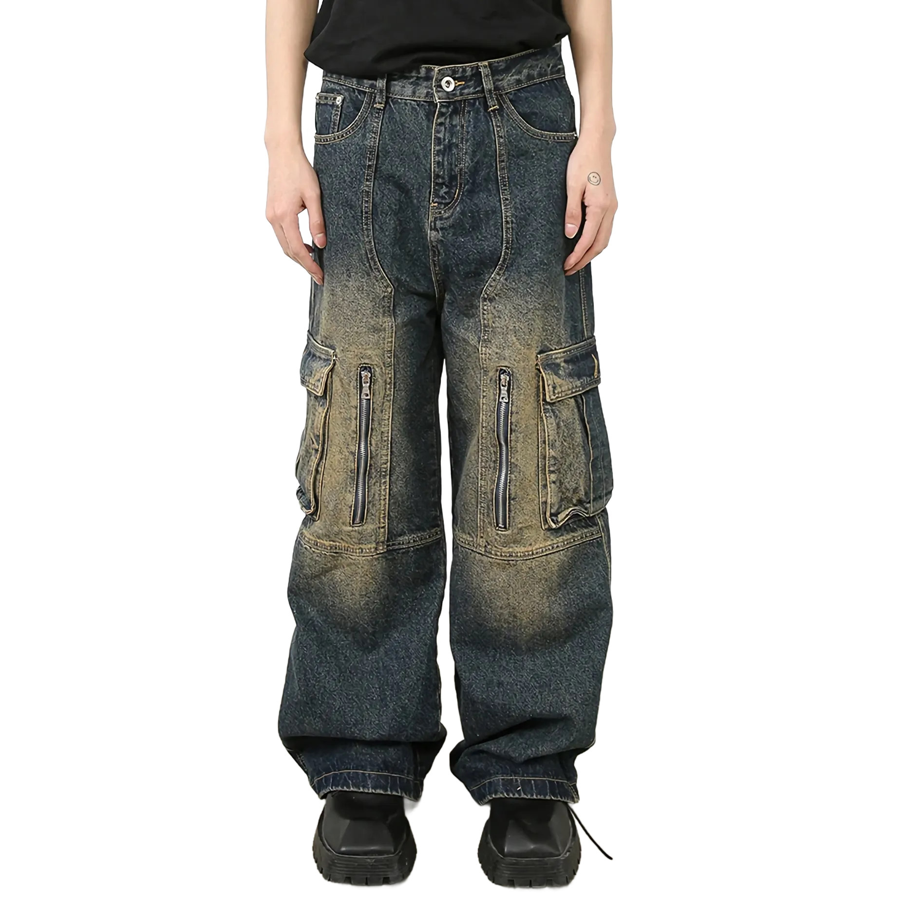 Faded Cargo Wide-Leg Jeans