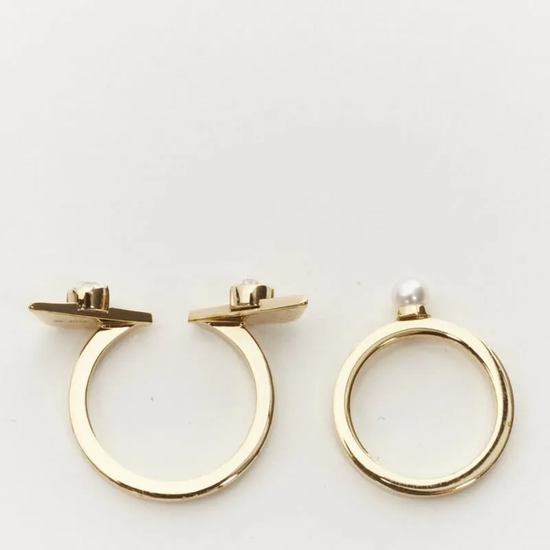 FENDI Monster Bug eye gold crystal pearl embellished rings US6.5 US4