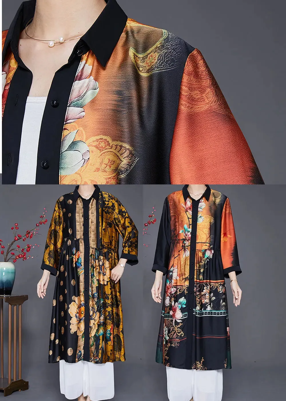 Handmade Yellow Oversized Print Wrinkled Silk Coats Fall ML0377