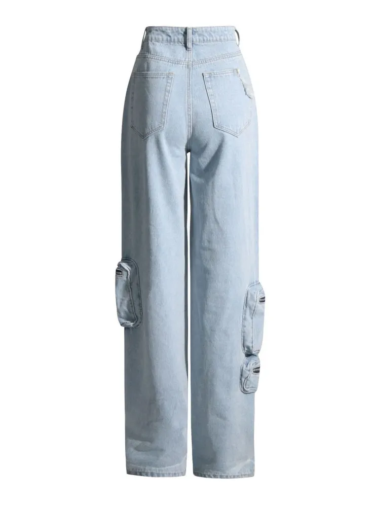 Light-colored Multi-pocket Loose Jeans