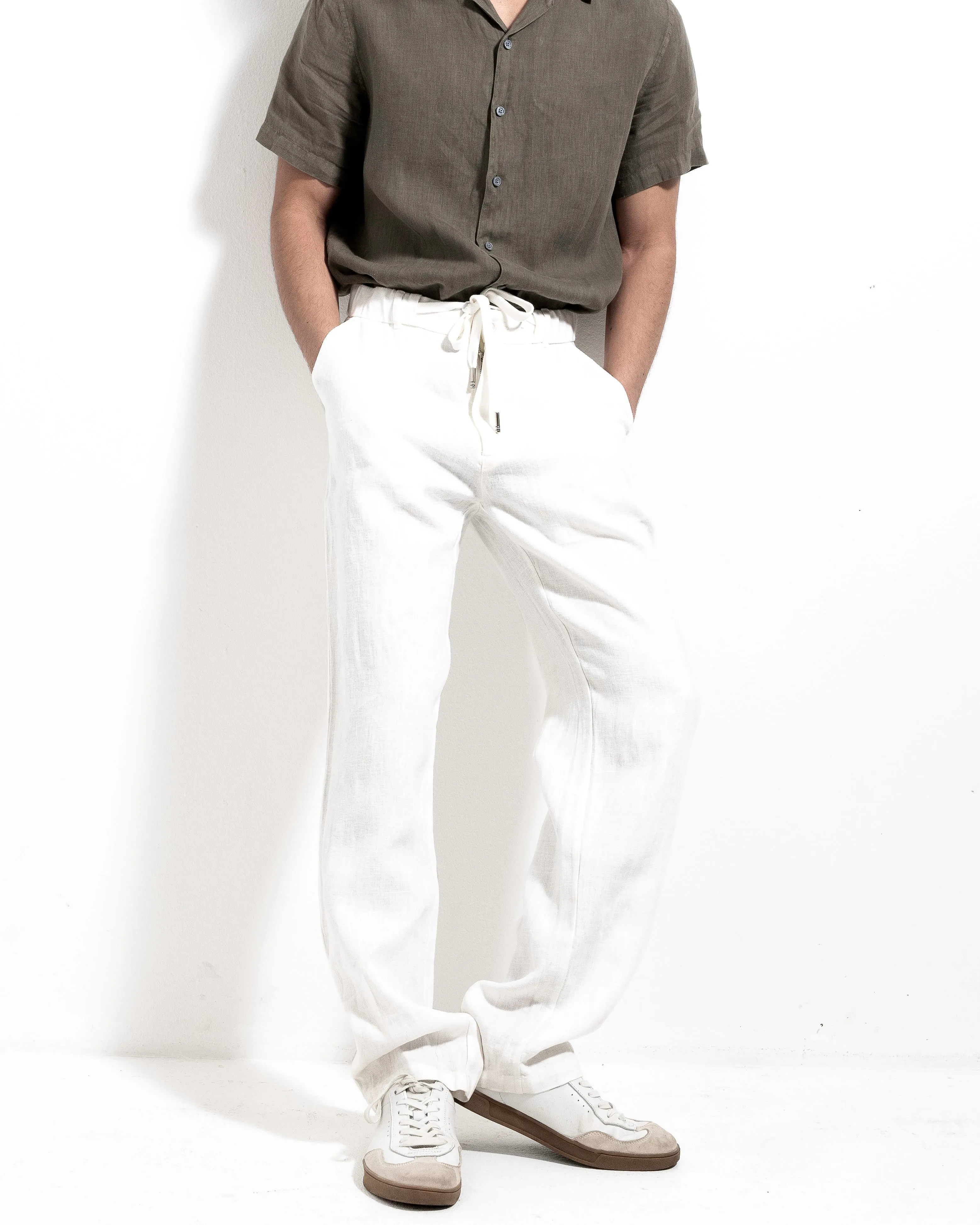 Linen Drawstring Trousers - White
