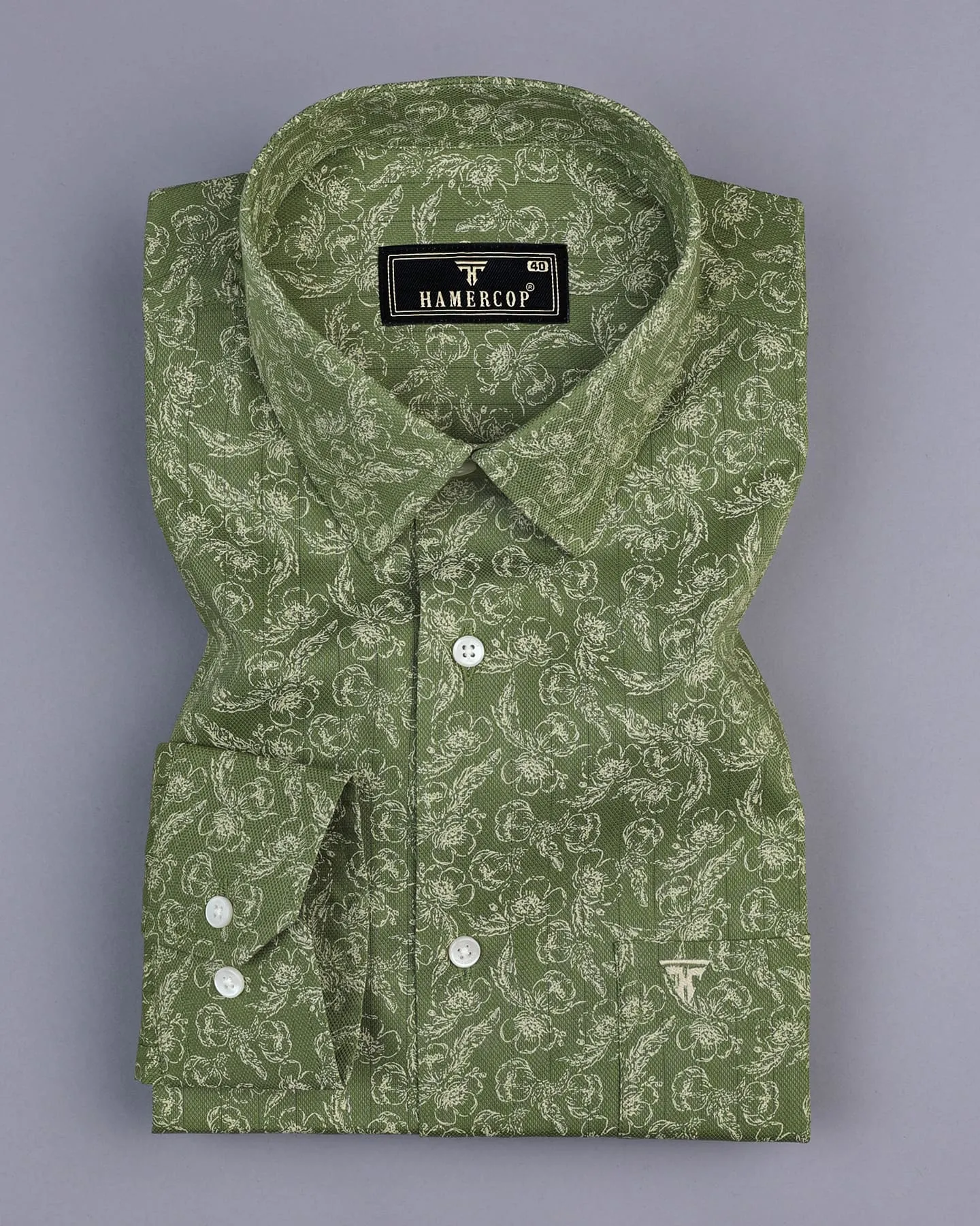 Lupine Green Flower Printed Self Stripe Dobby Cotton Shirt