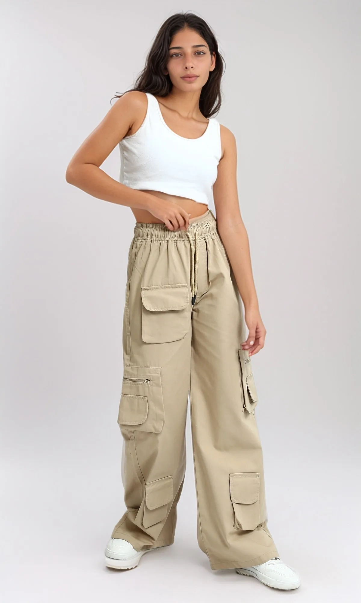 O180804 - Fashionable Slip On Cargo Pants - Beige