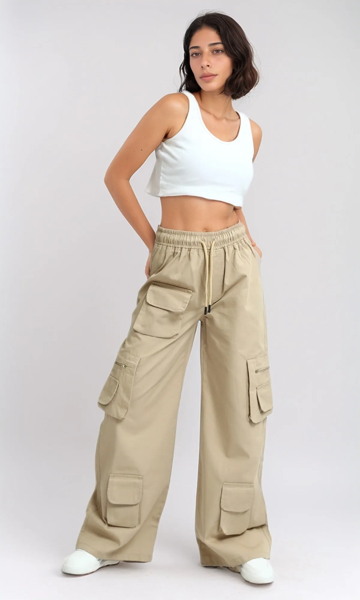 O180804 - Fashionable Slip On Cargo Pants - Beige