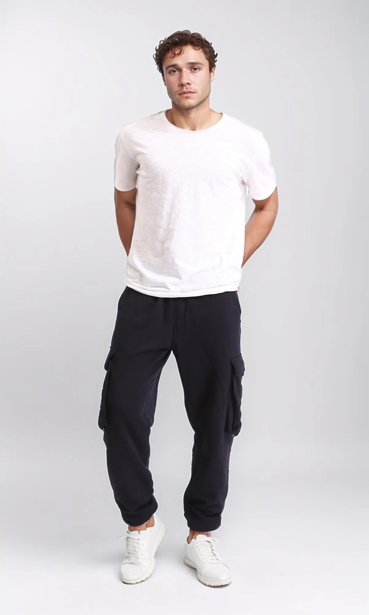 R208570 - Solid Cotton Cargo Pants with Hem - Black