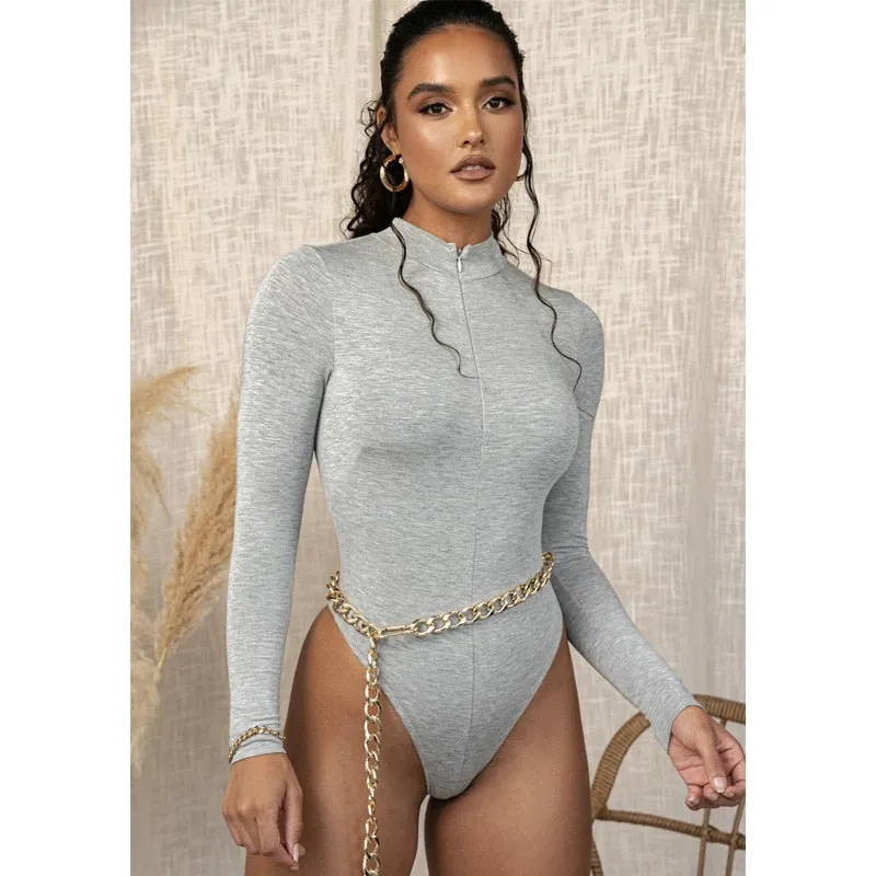Zippered Crew Neck Long Sleeved Bodysuit - 5 Colors