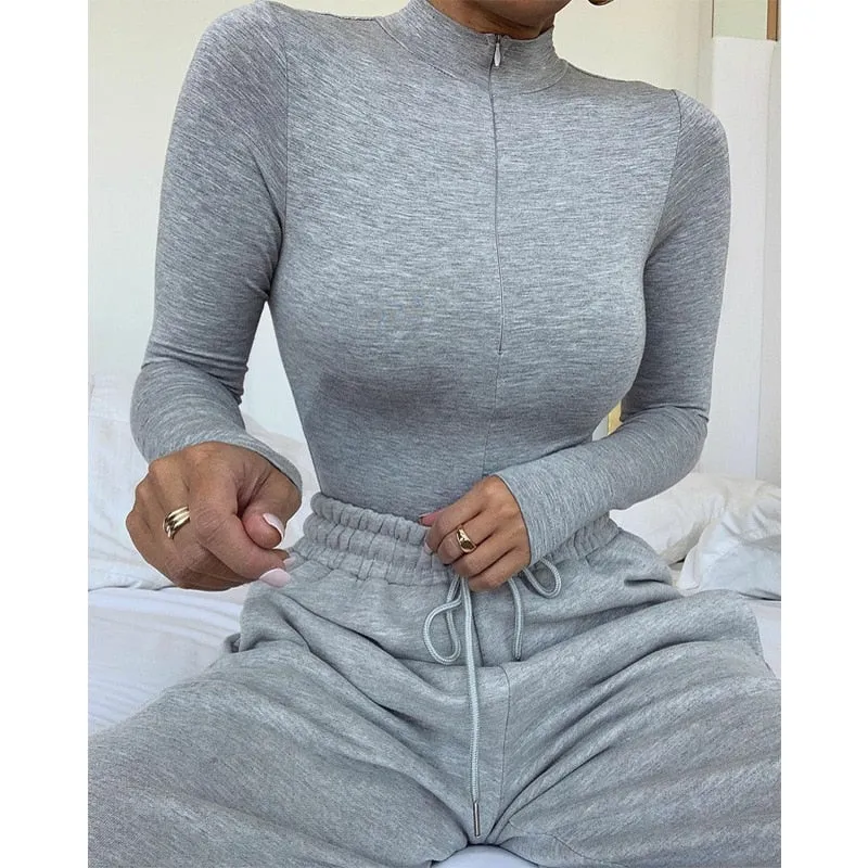 Zippered Crew Neck Long Sleeved Bodysuit - 5 Colors